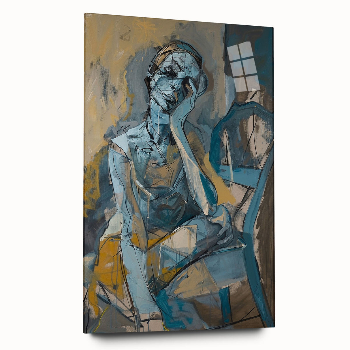 Abstract figurative wall art collection displayed in an acrylic glass frame, showcasing vibrant colors and unique designs for modern decor.