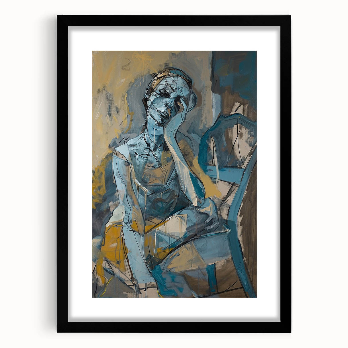 Abstract figurative wall art collection displayed in a sleek black frame, featuring vibrant colors and unique shapes, perfect for modern decor.