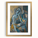 Elegant abstract figurative wall art design featuring a gold frame and mat, showcasing vibrant colors and modern aesthetics, perfect for home decor.