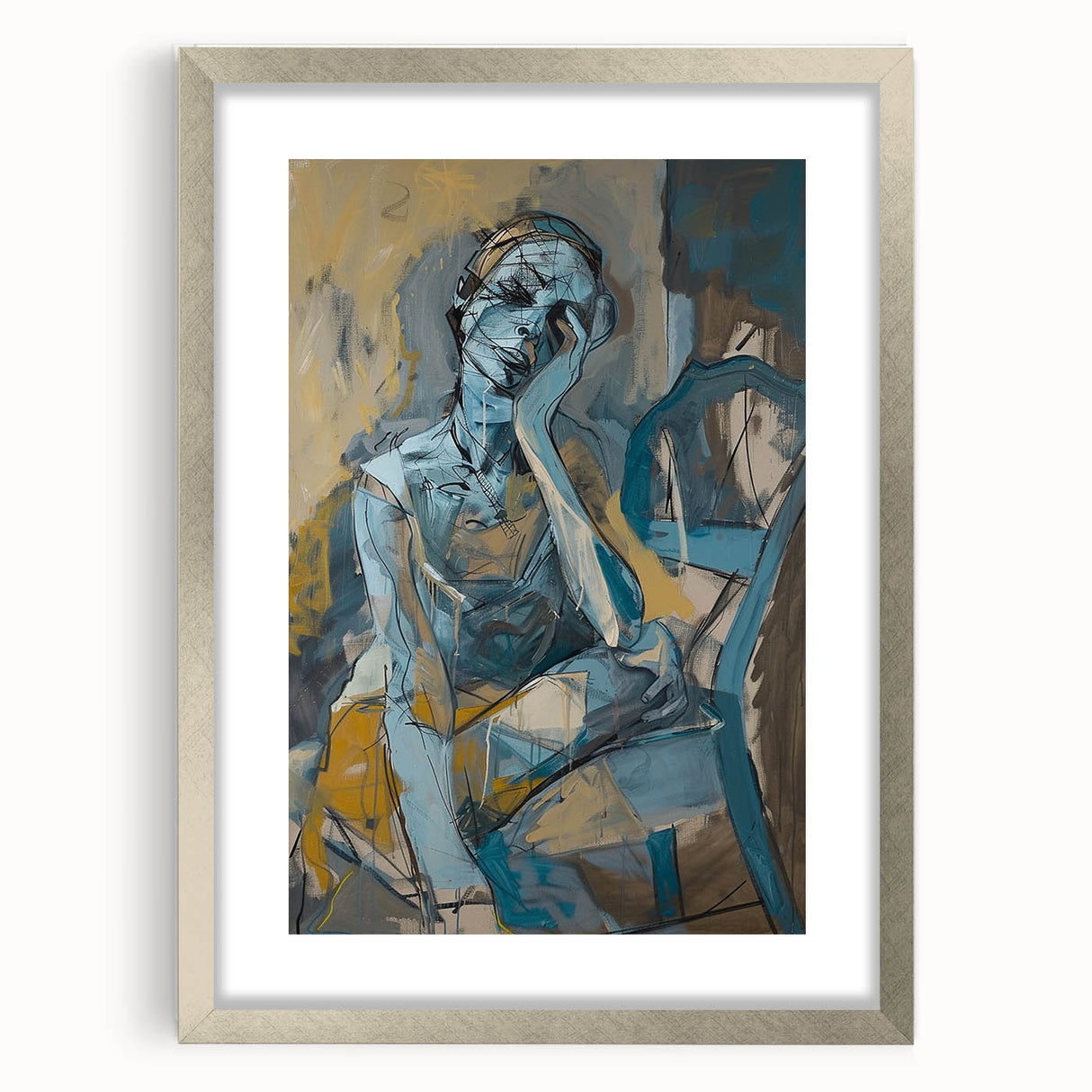 Framed abstract figurative wall art design in silver, showcasing a modern aesthetic with a mat, ideal for contemporary decor accents.
