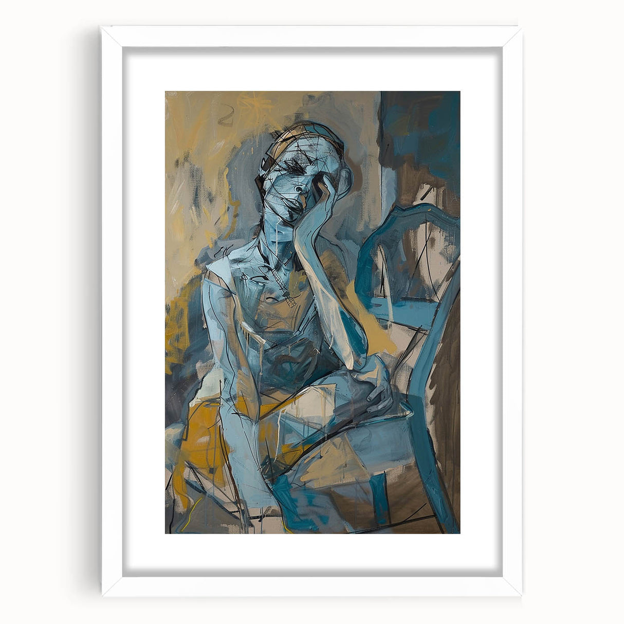 Framed abstract figurative wall art design collection featuring vibrant colors and unique shapes, displayed in a sleek white frame with matting.