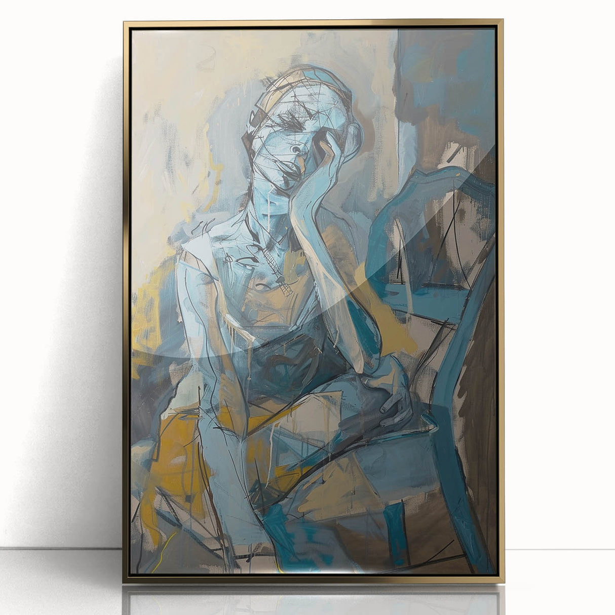 Framed abstract figurative wall art design showcasing a striking gold acrylic finish, perfect for modern decor and stylish interiors.