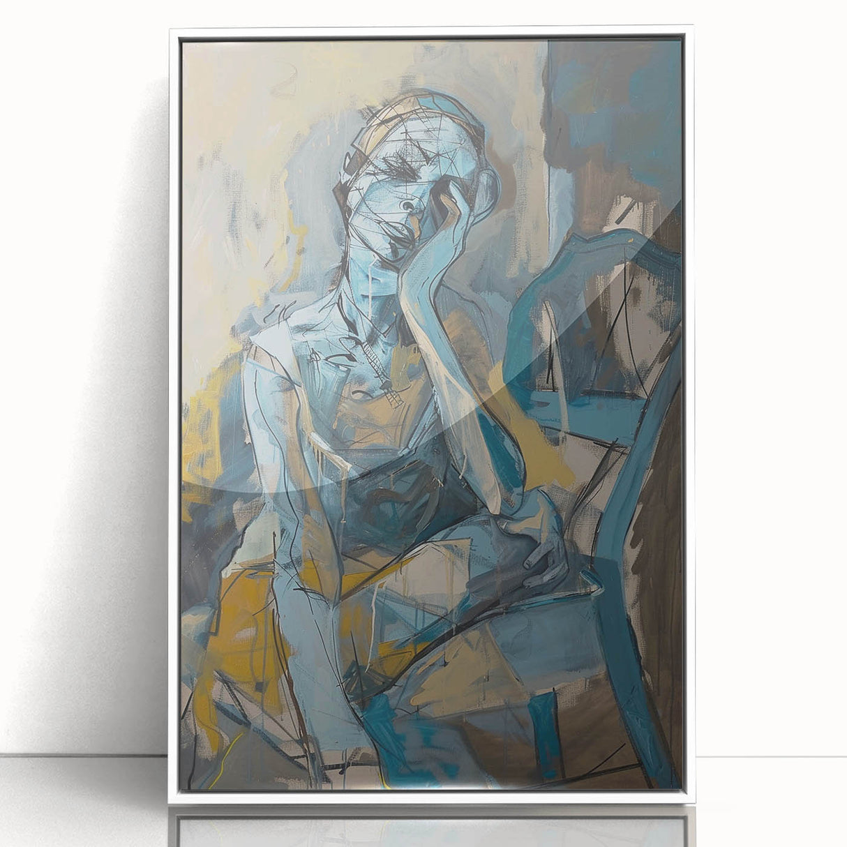 Framed abstract figurative wall art design featuring vibrant colors and dynamic shapes, displayed in a sleek white frame for modern decor.