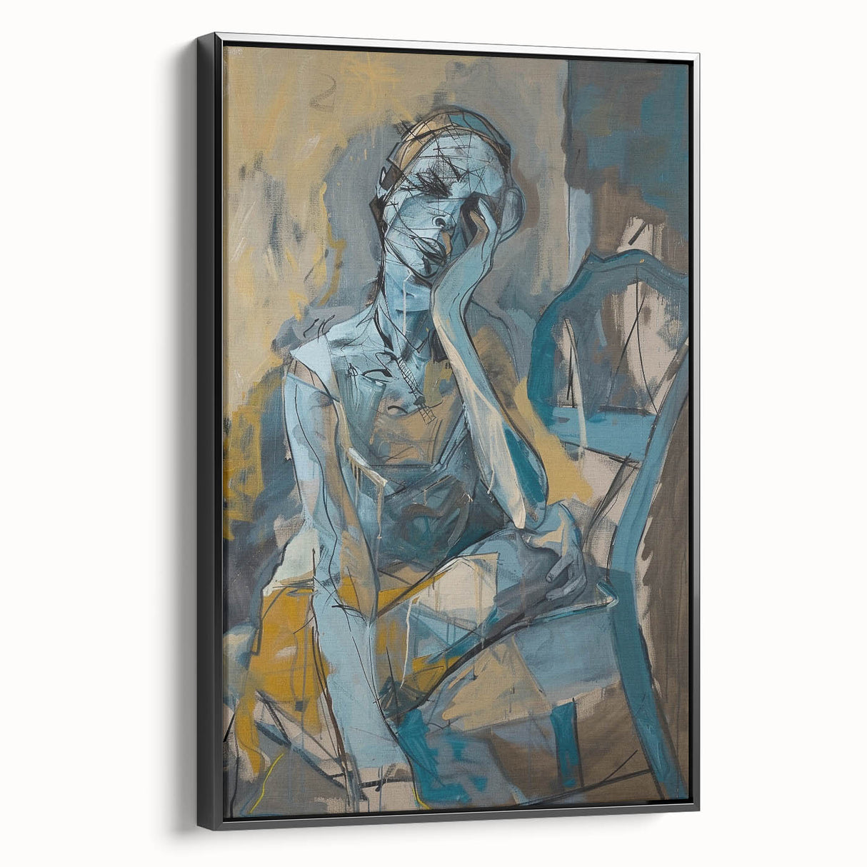 Framed abstract figurative wall art in black and white, showcasing a modern design with fluid shapes and textures, ideal for contemporary decor.