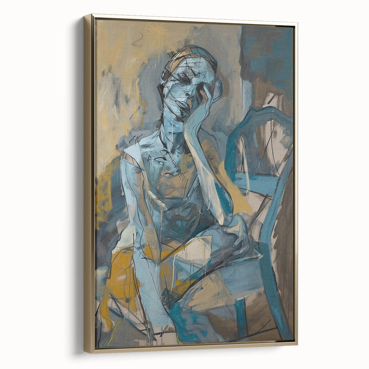 Framed abstract figurative wall art in gold tones, showcasing elegant shapes and textures, perfect for modern home decor.