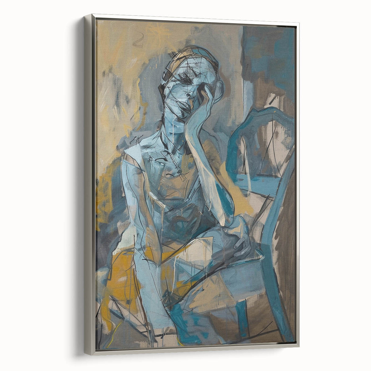 Framed abstract figurative wall art in silver tones, showcasing unique shapes and textures, perfect for modern home decor.