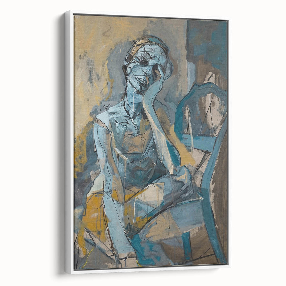 Framed abstract figurative wall art in a sleek white frame, showcasing dynamic shapes and vibrant colors, ideal for modern decor.