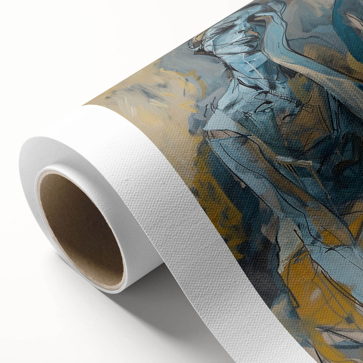 Abstract figurative wall art on rolled canvas, showcasing vibrant colors and dynamic shapes, ideal for modern home decor and artistic expression.