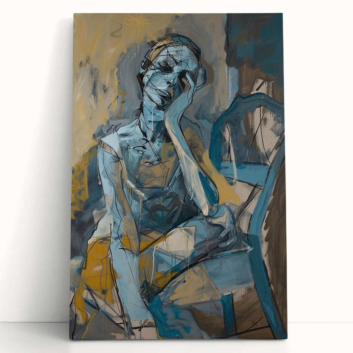 Abstract figurative wall art featuring vibrant colors and dynamic shapes on stretched canvas, ideal for modern home decor and artistic expression.