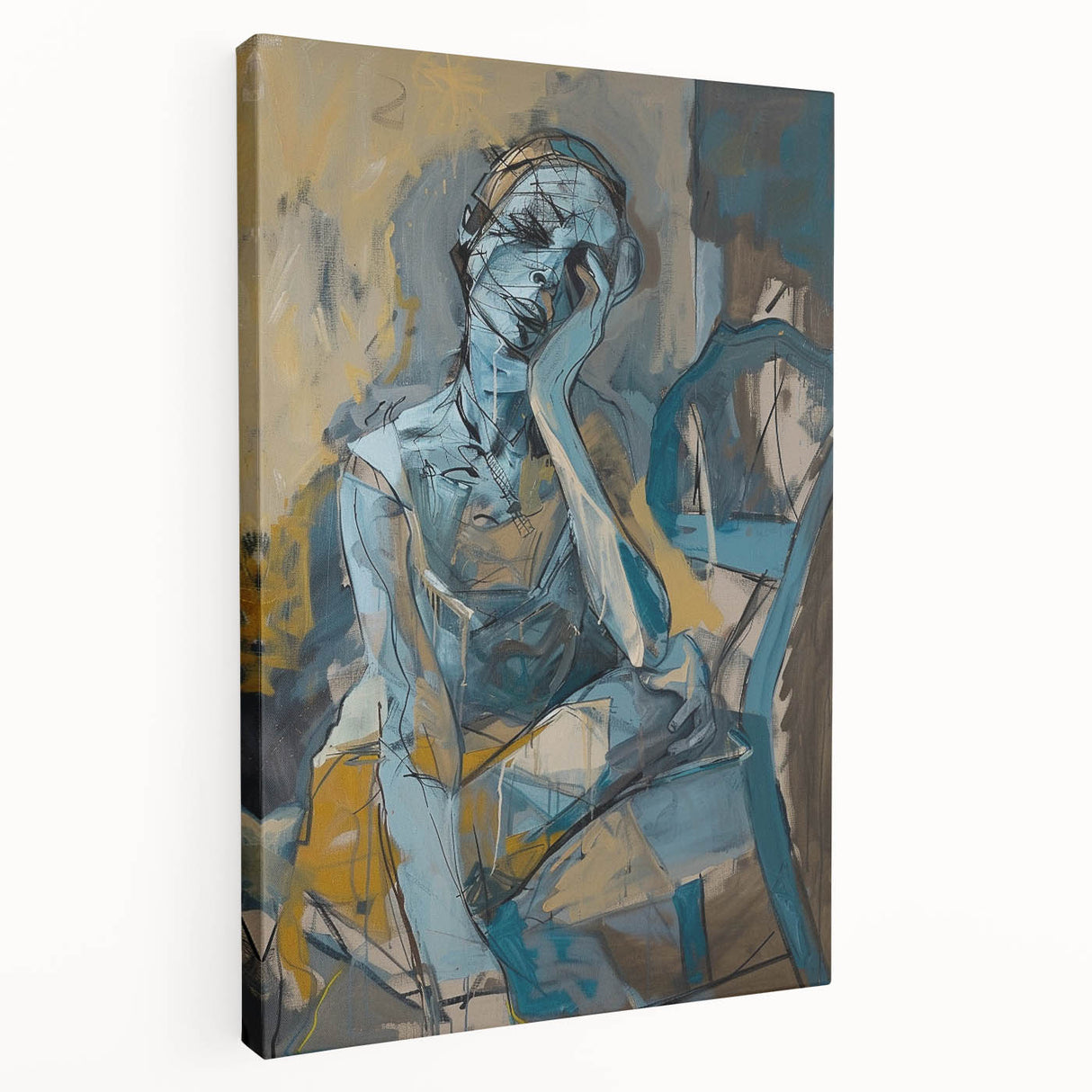 Stretched canvas wall art showcasing an abstract figurative design with vibrant colors and bold shapes, perfect for modern decor.