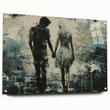 Abstract figurative wall art design in acrylic glass, showcasing vibrant colors and unique shapes, displayed from a side view with mounting pins.