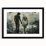 Framed abstract figurative wall art design in a sleek black frame, showcasing vibrant colors and dynamic shapes, perfect for modern decor.