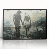 Framed abstract figurative wall art showcasing a vibrant color palette with fluid shapes and dynamic lines, set against a black background.