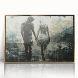 Framed abstract figurative wall art design showcasing vibrant gold accents and unique shapes, perfect for modern home decor.