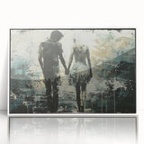 Framed abstract figurative wall art design showcasing vibrant colors and dynamic shapes, presented in a sleek white frame for modern decor.