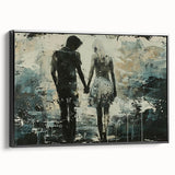 Framed abstract figurative wall art design showcasing bold colors and unique shapes, presented in a sleek black frame from a side view.