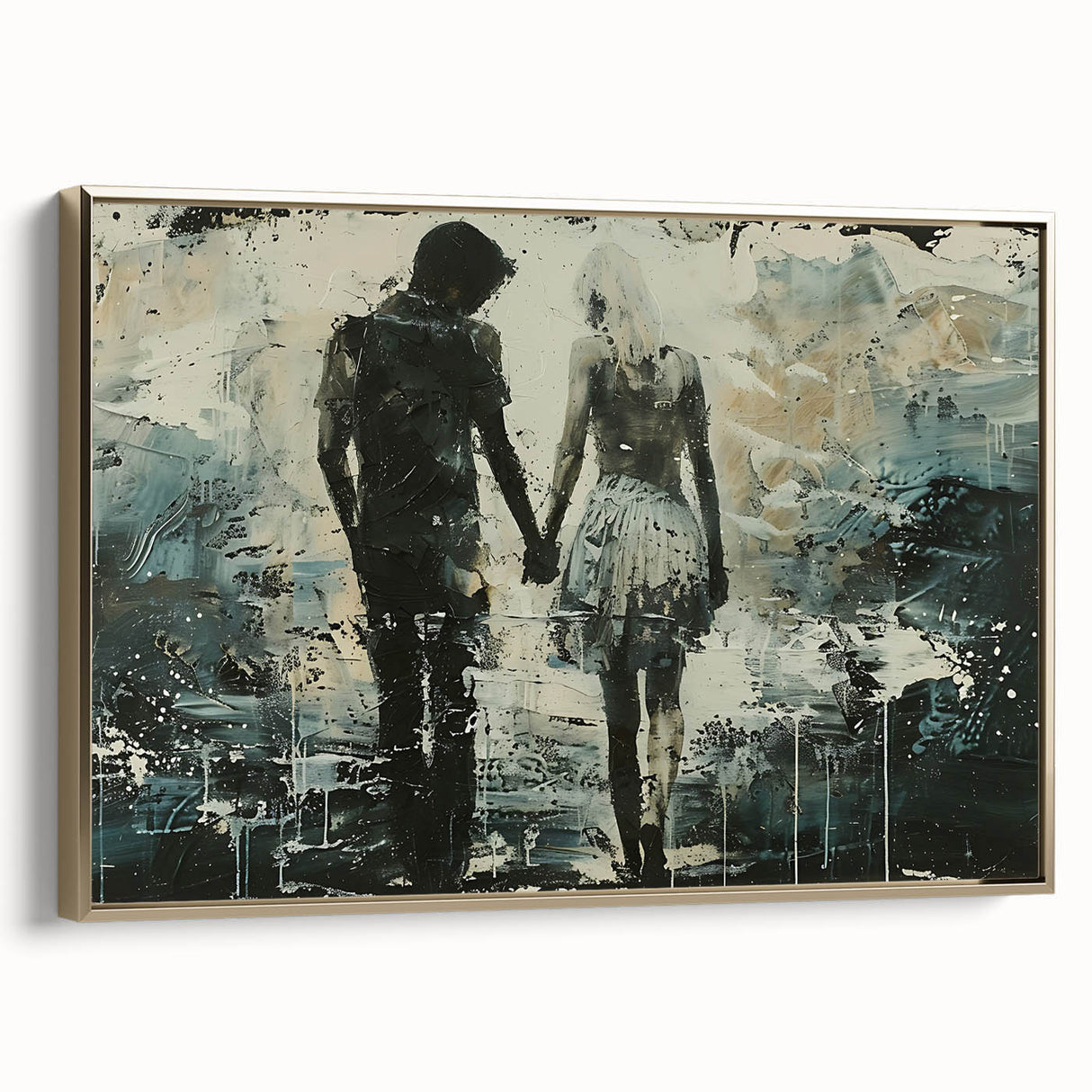 Framed abstract figurative wall art in gold tones, showcasing elegant shapes and textures, perfect for modern home decor.