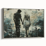 Framed abstract figurative wall art with a silver side, showcasing modern design elements and vibrant colors, perfect for contemporary decor.