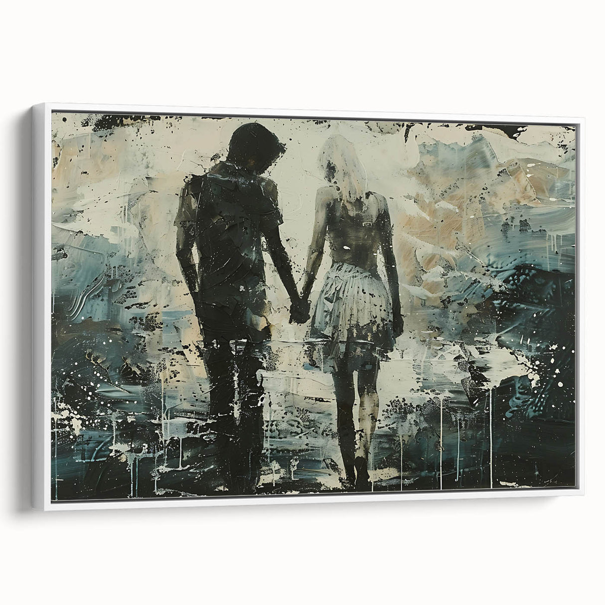 Framed abstract figurative wall art collection showcasing an elegant design with soft color gradients and a modern white frame, viewed from the side.