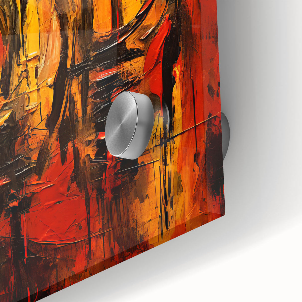 Close-up of an abstract figurative wall art piece showcasing vibrant colors and dynamic shapes, printed on acrylic glass for a modern decor accent.