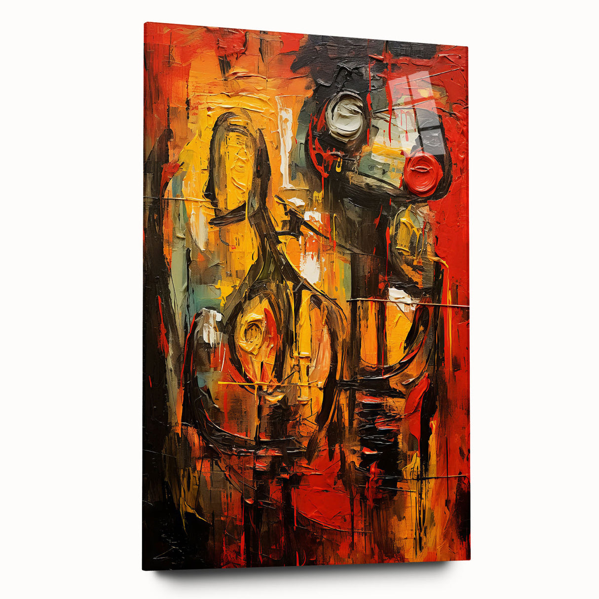 Abstract figurative wall art design displayed in a side view, showcasing vibrant colors and smooth acrylic glass finish, perfect for modern decor.