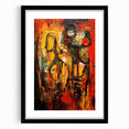 Framed abstract figurative wall art in black, showcasing a modern design with fluid shapes and bold colors, ideal for contemporary decor.