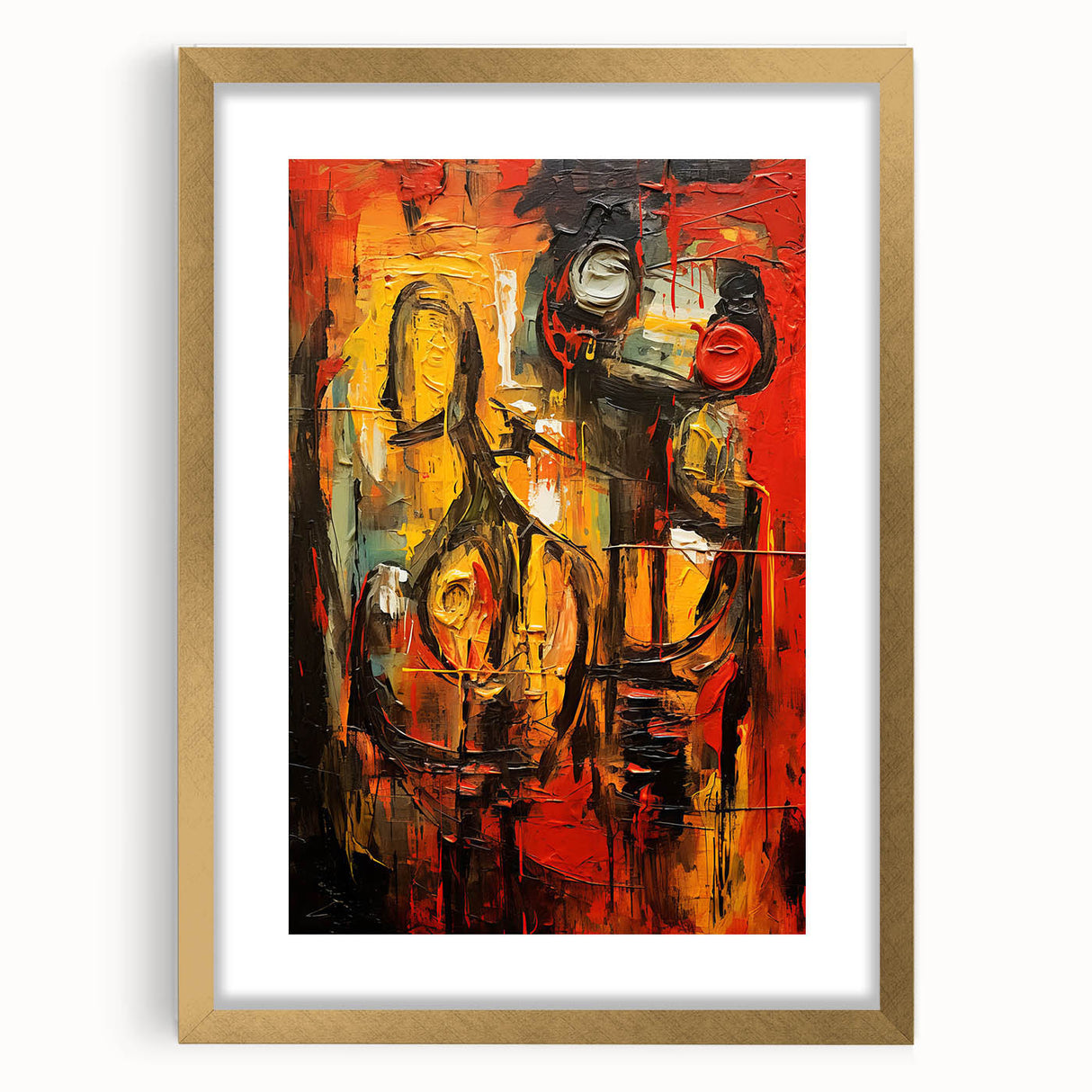 Abstract figurative wall art collection framed in gold, showcasing vibrant colors and unique shapes, perfect for modern decor accents.