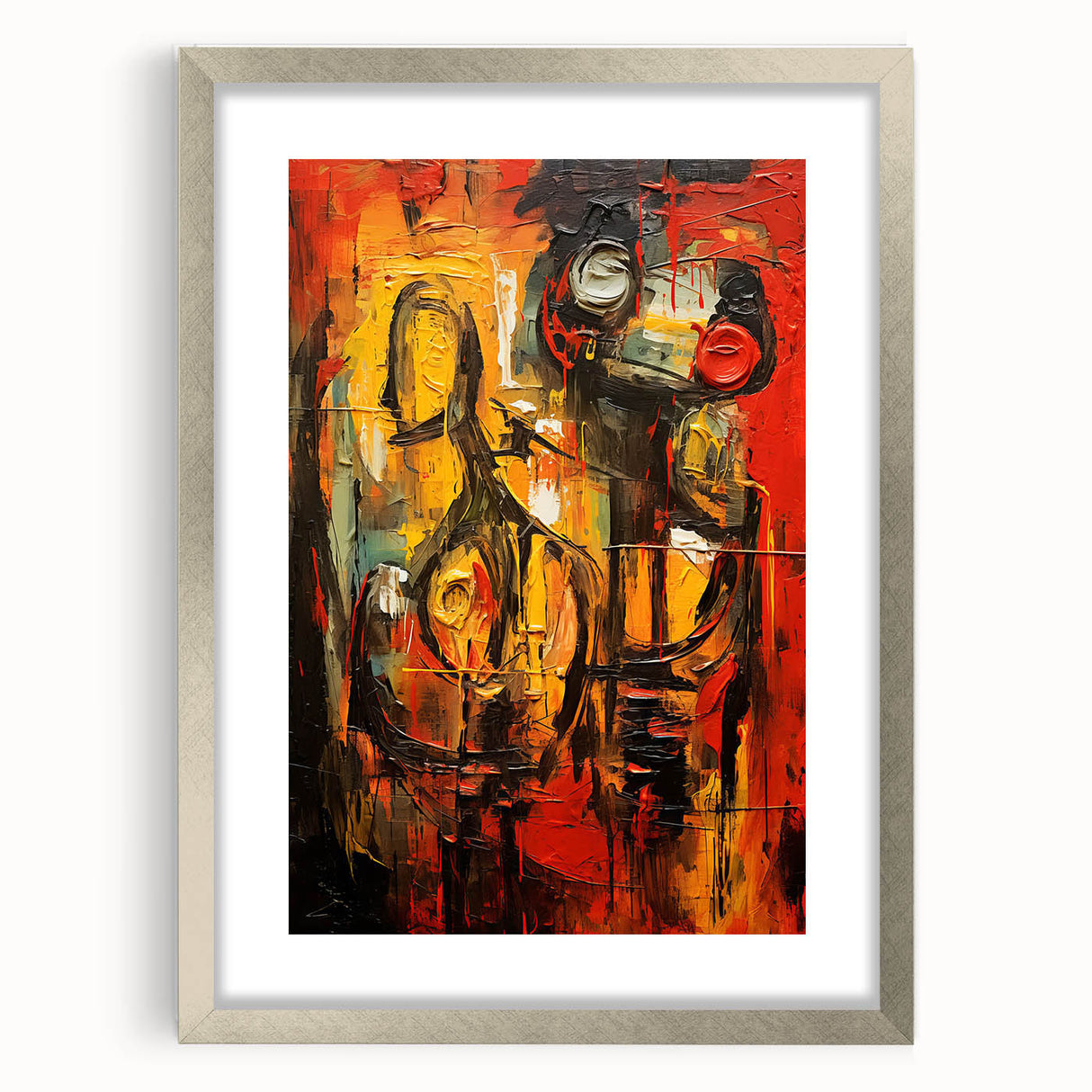 Framed wall art featuring an abstract figurative design in vibrant colors, set in a sleek silver frame with a mat for an elegant display.