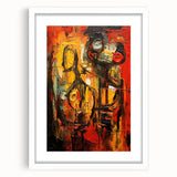 Framed abstract figurative wall art design in a white mat, showcasing vibrant colors and unique shapes, perfect for modern decor.