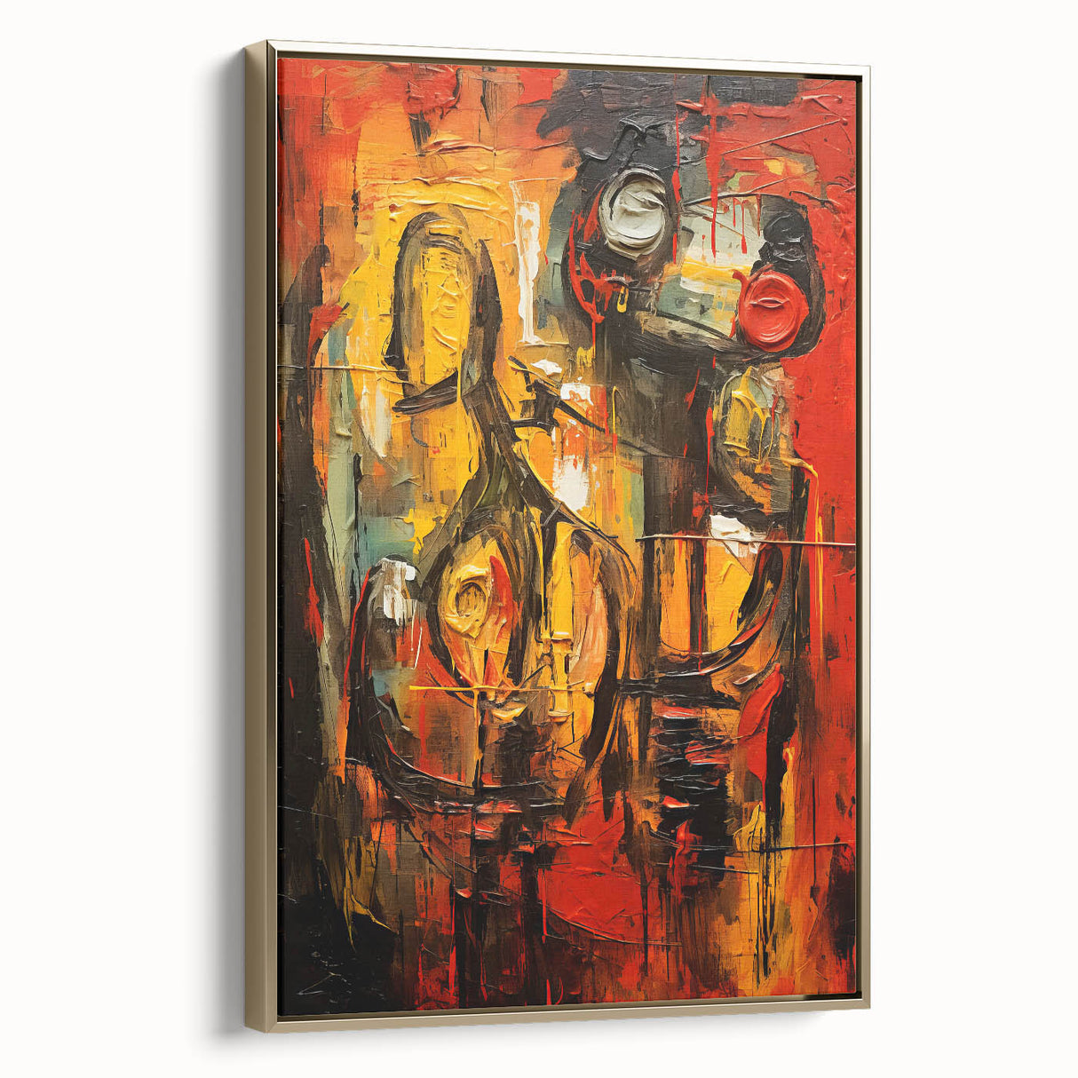 Framed abstract figurative wall art in gold and white, showcasing intricate designs and a modern aesthetic, perfect for contemporary decor.