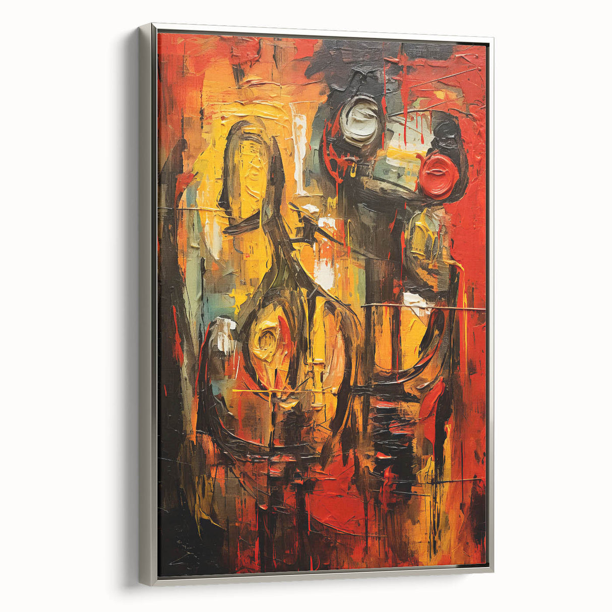 Framed abstract figurative wall art in silver, showcasing vibrant colors and dynamic shapes, perfect for modern home decor.