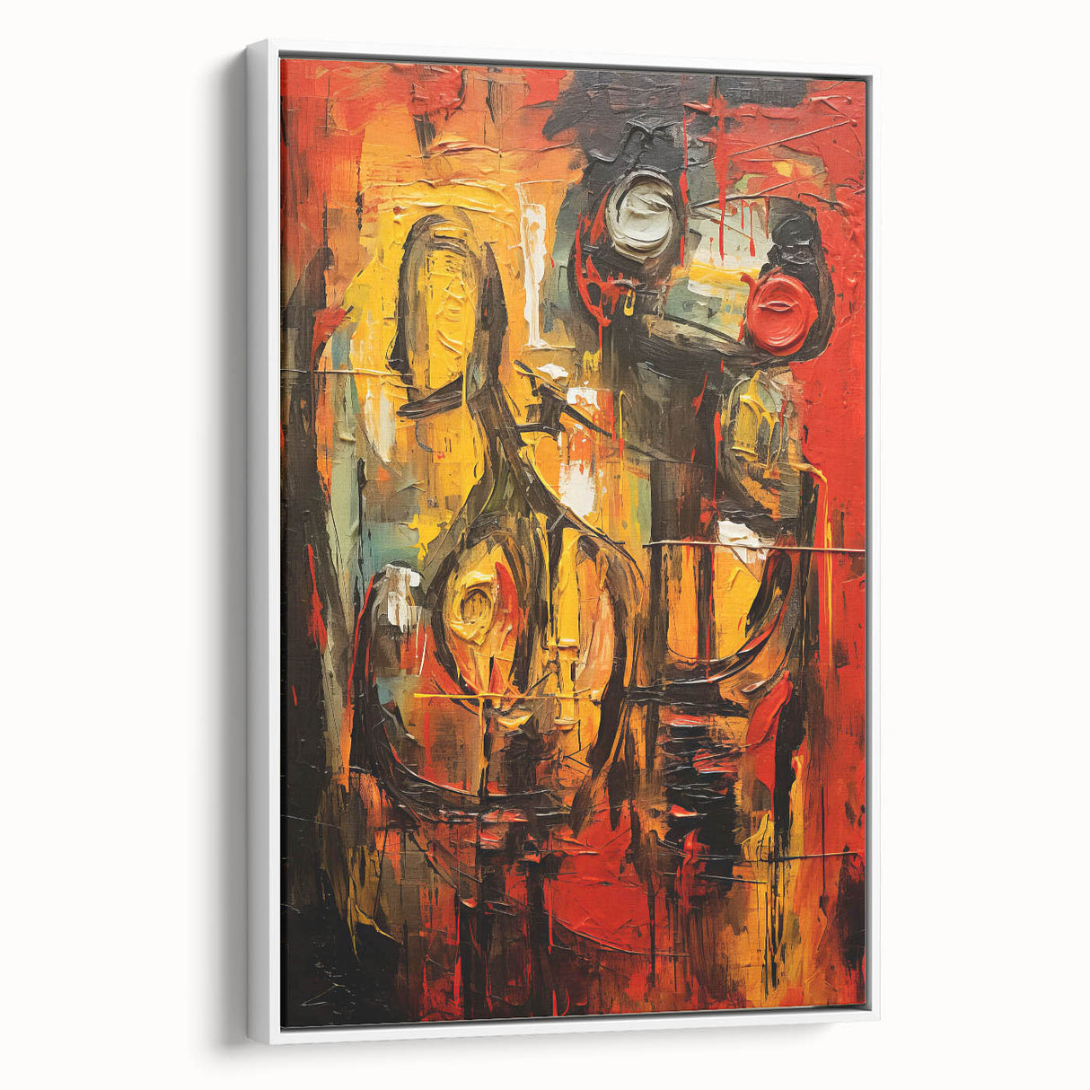 Framed abstract figurative wall art design showcasing vibrant colors and fluid shapes, displayed against a white background for modern decor.