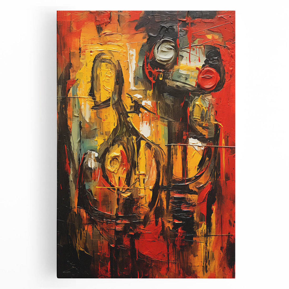 Abstract figurative wall art on stretched canvas showcasing vibrant colors and dynamic shapes, perfect for modern home decor and artistic flair.