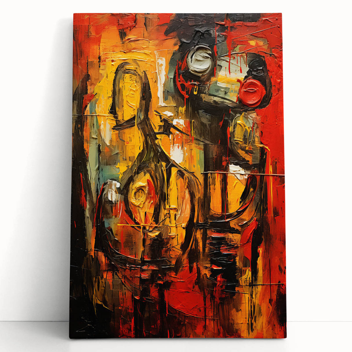 Abstract figurative wall art in vibrant colors, showcasing dynamic shapes and textures on stretched canvas, perfect for modern decor.