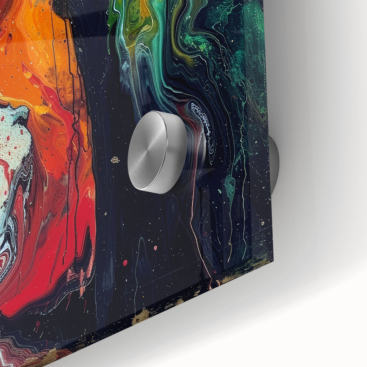Close-up of an abstract figurative wall art piece showcasing vibrant colors and dynamic shapes, printed on acrylic glass for modern decor.