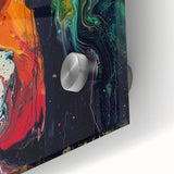 Close-up of an abstract figurative wall art piece showcasing vibrant colors and dynamic shapes, printed on acrylic glass for modern decor.