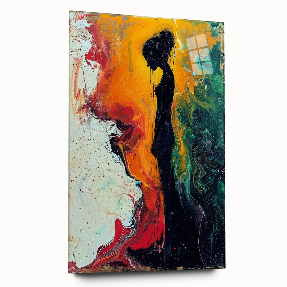 Abstract figurative wall art piece displayed in a side view, showcasing vibrant colors and modern design on acrylic glass, perfect for contemporary decor.
