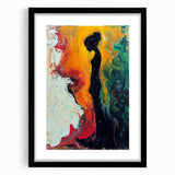 Framed abstract figurative wall art design with a black matte finish, showcasing bold shapes and colors, perfect for modern decor accents.
