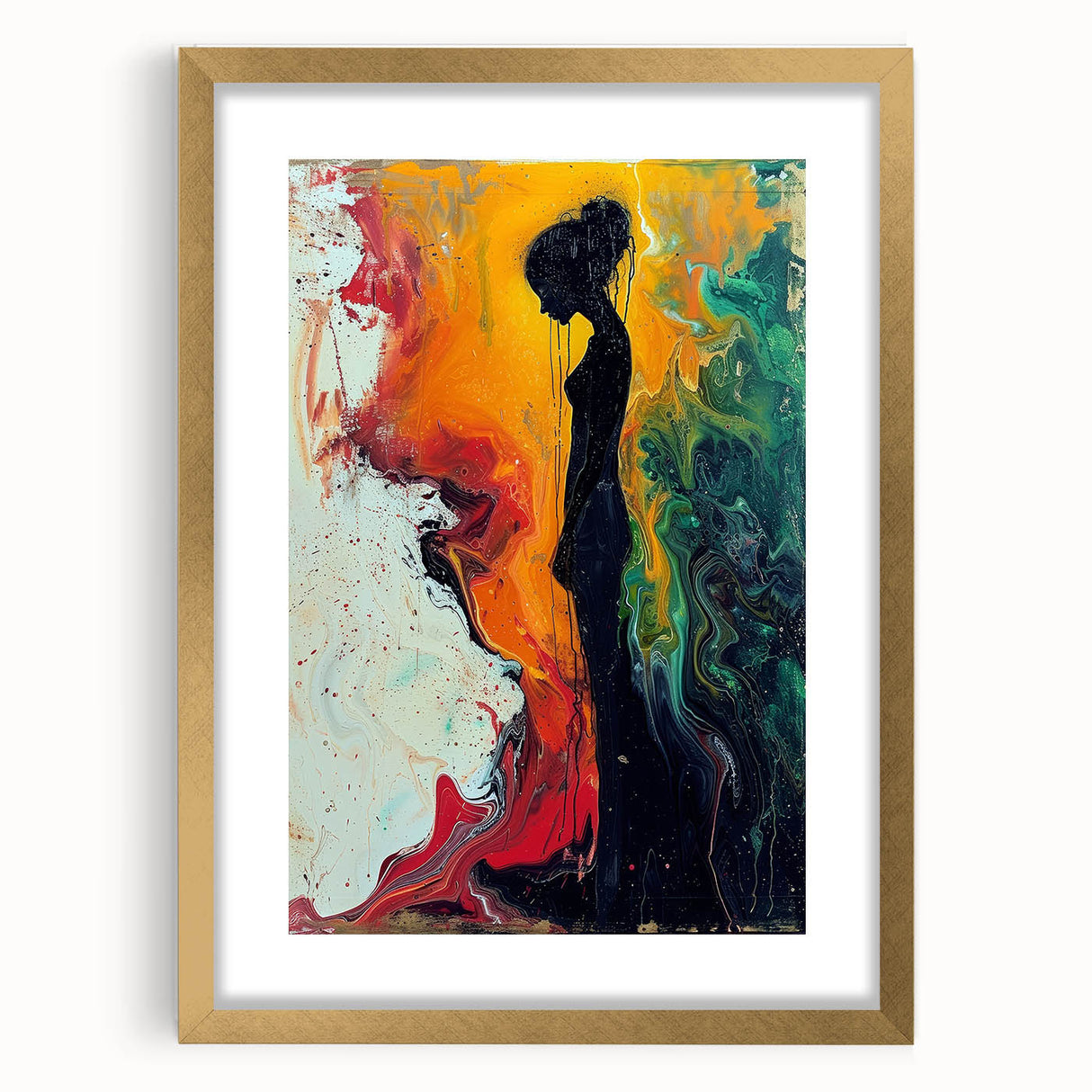 Framed abstract figurative wall art design showcasing a gold mat and sleek frame, perfect for modern decor, adding elegance to any space.