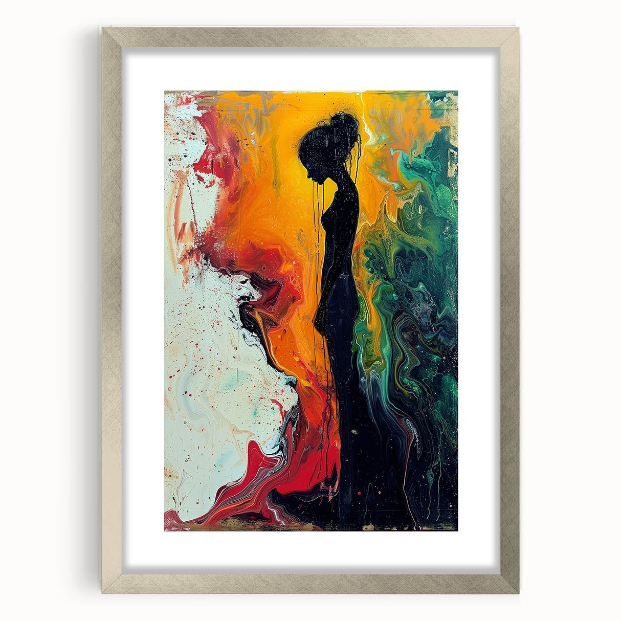 Framed abstract figurative wall art design in silver with a mat, showcasing vibrant colors and modern aesthetic, perfect for home decor.