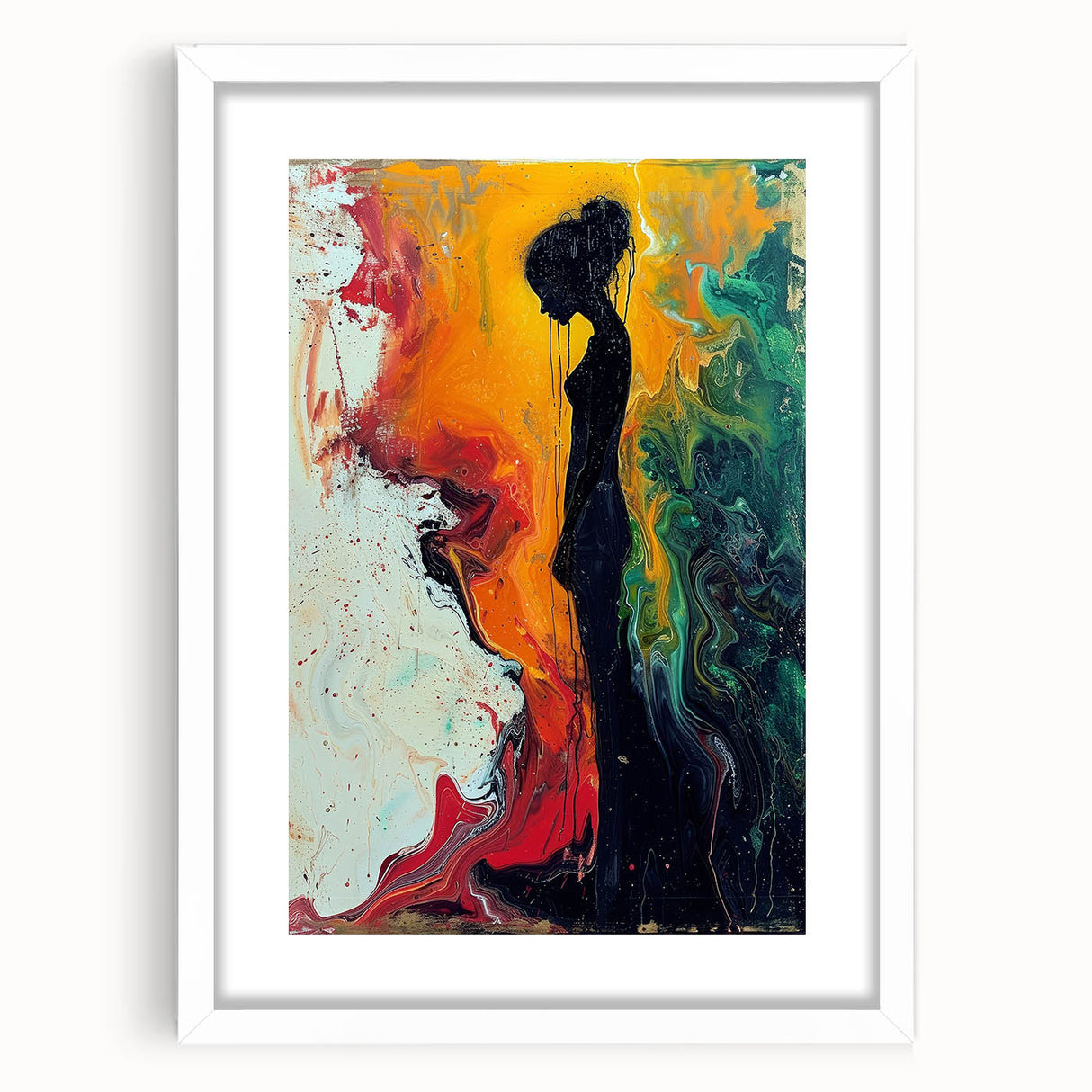 Abstract figurative wall art print showcasing vibrant colors and dynamic shapes, framed in white with a mat, ideal for modern decor.