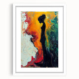 Abstract figurative wall art print showcasing vibrant colors and dynamic shapes, framed in white with a mat, ideal for modern decor.