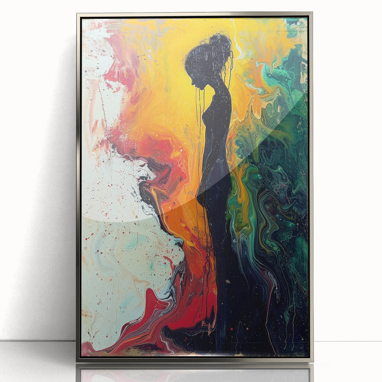 Framed abstract figurative wall art showcasing a silver acrylic design, perfect for modern decor, featuring sleek lines and elegant shapes.