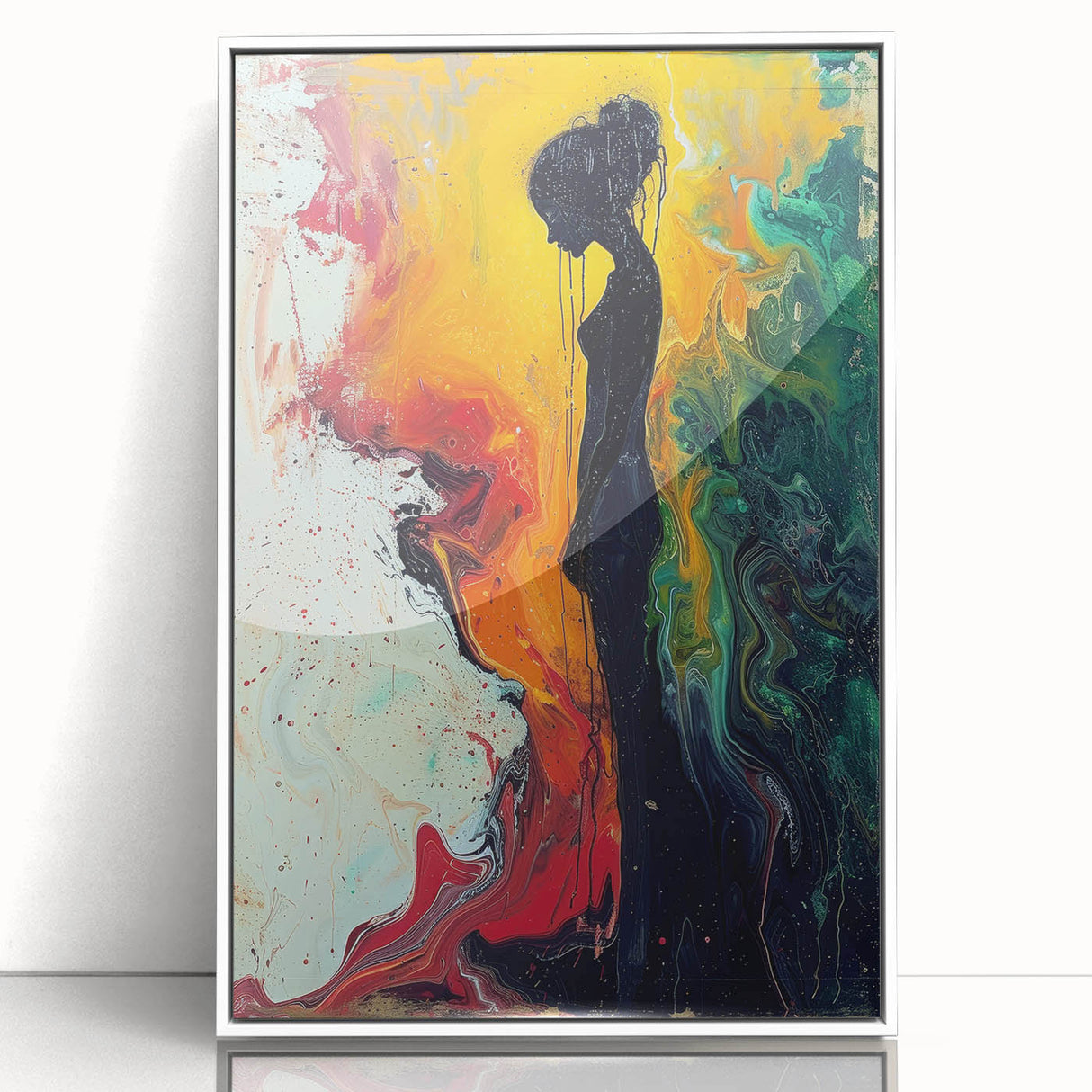Framed abstract figurative wall art with vibrant colors and smooth acrylic finish, set against a sleek white frame, showcasing modern design.