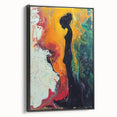 Framed abstract figurative wall art in black showcasing dynamic shapes and vibrant colors, set against a neutral background, perfect for modern decor.