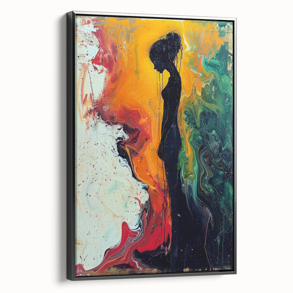 Framed abstract figurative wall art in black showcasing dynamic shapes and vibrant colors, set against a neutral background, perfect for modern decor.