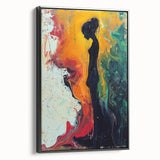 Framed abstract figurative wall art in black showcasing dynamic shapes and vibrant colors, set against a neutral background, perfect for modern decor.