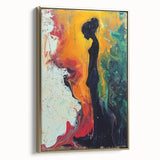 Abstract figurative wall art in a gold frame, showcasing fluid shapes and warm color tones, enhancing modern decor with elegant style.