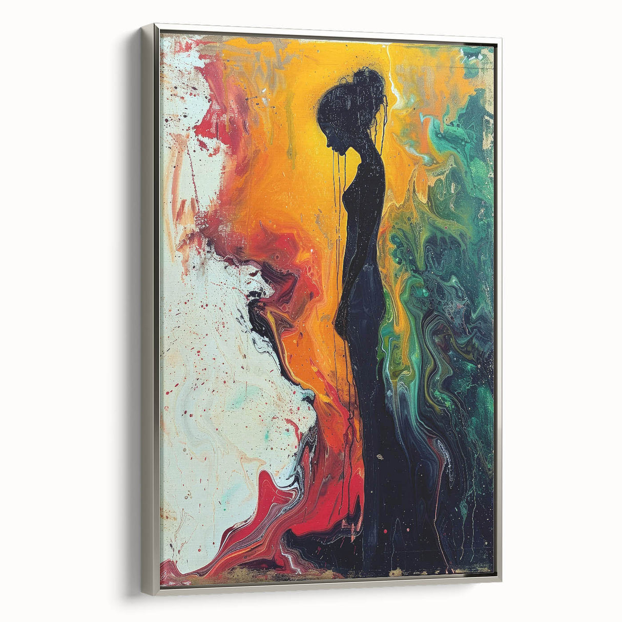 Framed abstract figurative wall art in silver with a modern design, showcasing vibrant colors and dynamic shapes, set against a neutral background.