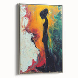 Framed abstract figurative wall art in silver with a modern design, showcasing vibrant colors and dynamic shapes, set against a neutral background.